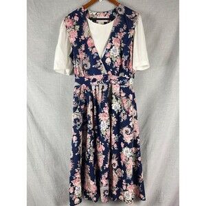 Vtg Sweet Miranda Dress Women's 14P Floral Underlay Bib Pockets Cottagecore